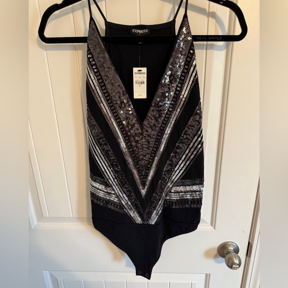 Express Black and Silver Sequin Bodysuit